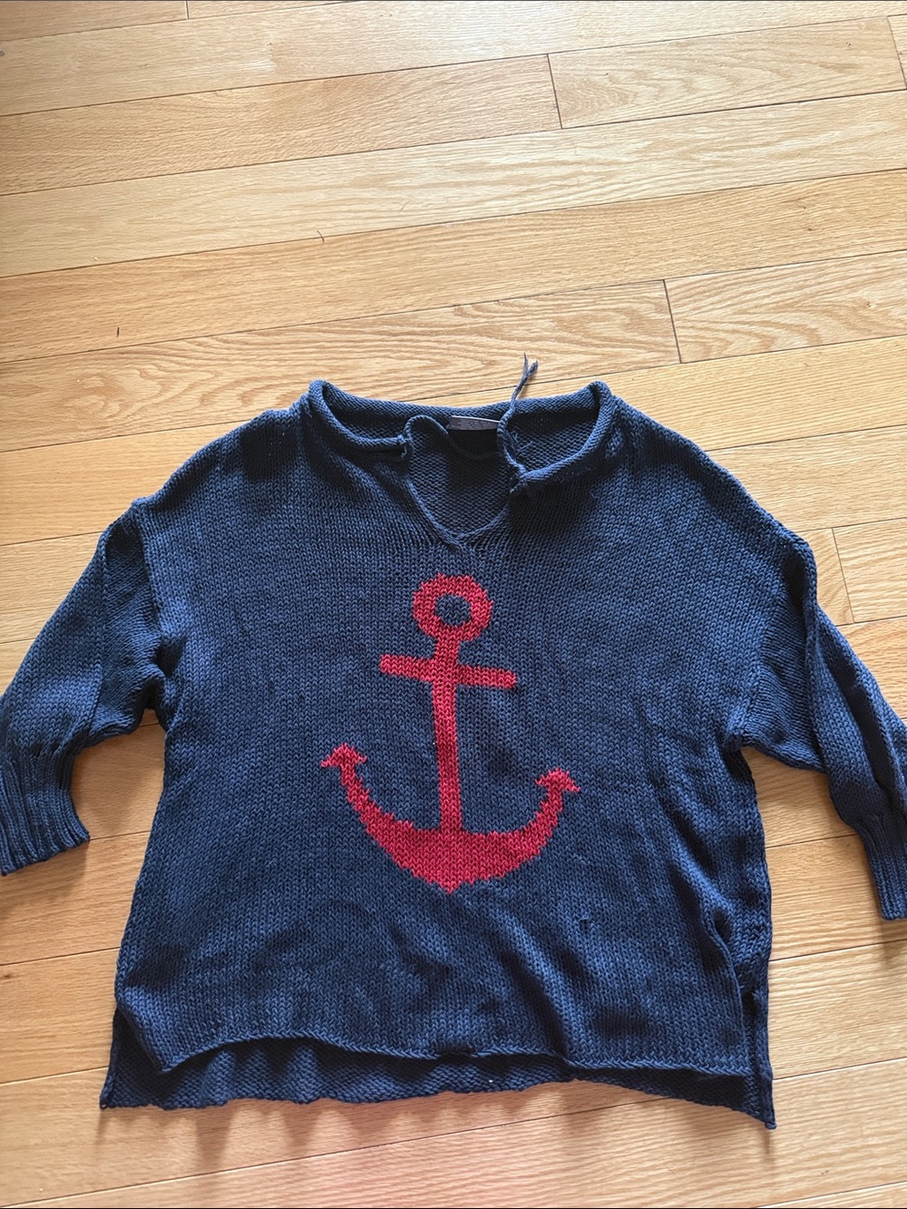 Wooden Ships Navy V-Neck Sweater with Red Anchor